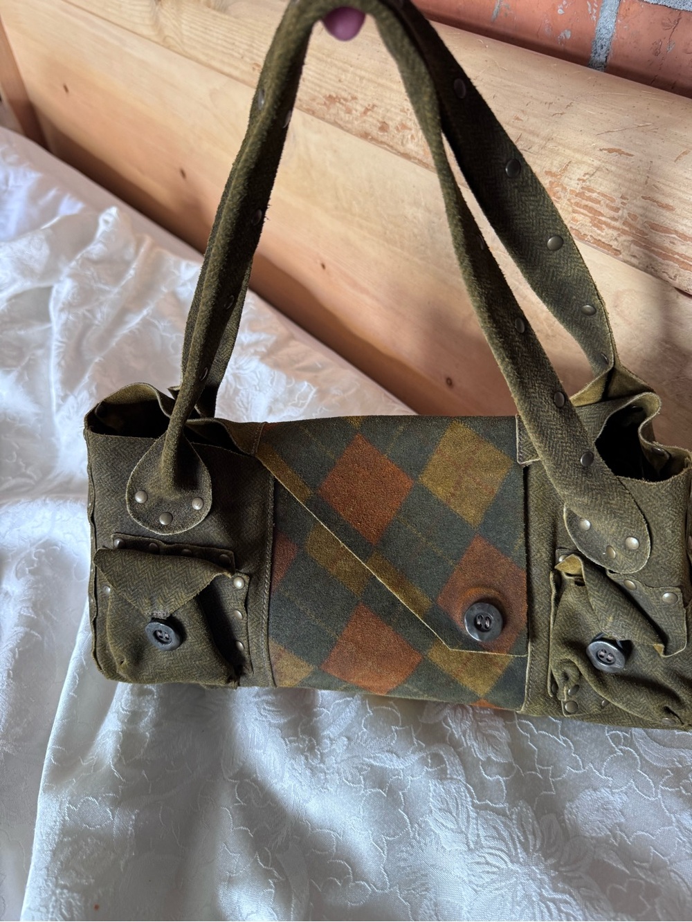 Cydwoq Olive Green Plaid leather Shoulder Bag with Button Pocket Detail